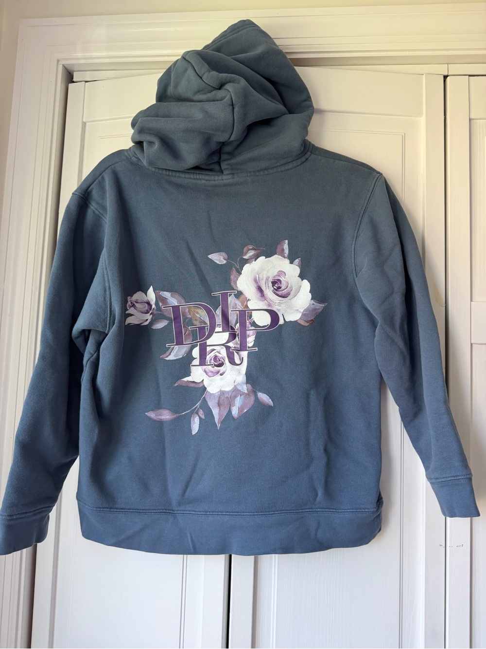 THE DRIP SHOP Floral Logo Hoodie in Slate Blue w/ Flowers on Back + Emblem